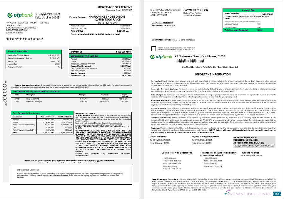 Download Ukrainian OTP bank mortgage statement in Word and PDF formats 1 2 Photoshop template